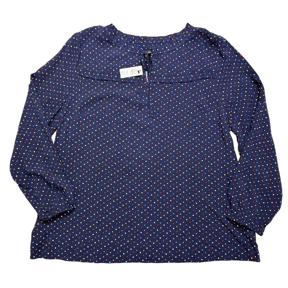 Talbots Top Size XL Petite Navy Blue Polka Dot Tie Neck Ruffle Trim Long Sleeve